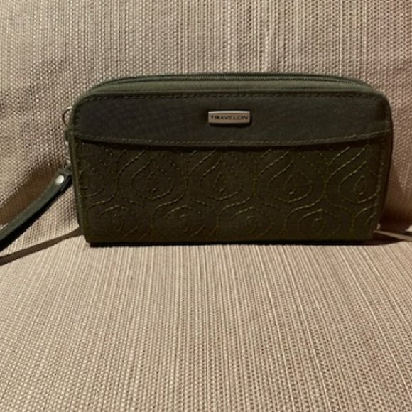 Travelon dark green wristlet   pretty floral inner - Picture 2 of 9